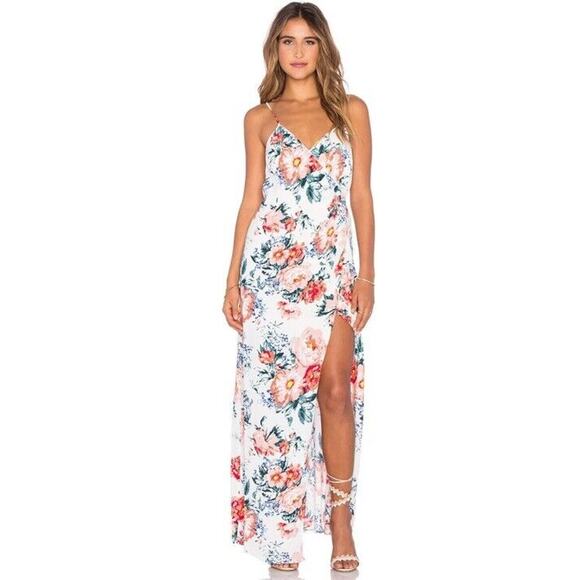 MINKPINK White Red Wrap Dress Little Blooms Floral Maxi V Neck Slit Womens Sz M - Picture 1 of 7